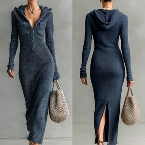 NWT Modesees Hooded Knit Maxi Dress XS Slim Fit Button Front Bodycon Cozy Chic